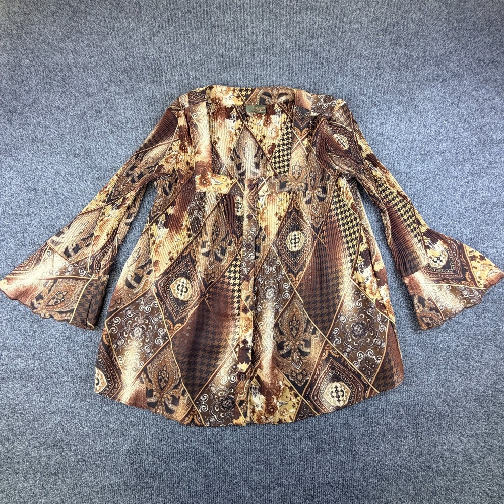 Serenade New York Blouse Top Womens S Brown Geometric Plisse Pleated Bell Sleeve